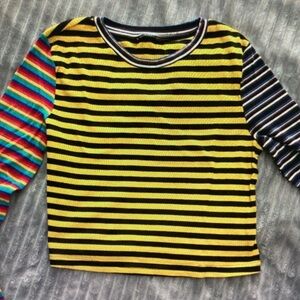 SHEIN Yellow & Black Striped Long Sleeve Tee with Rainbow and Navy Sleeves